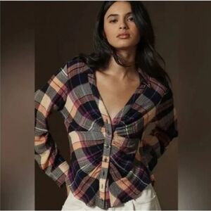 PILCRO ANTHROPOLOGIE Ruched Deep V Red Plaid Buttondown Top Shirt Flannel